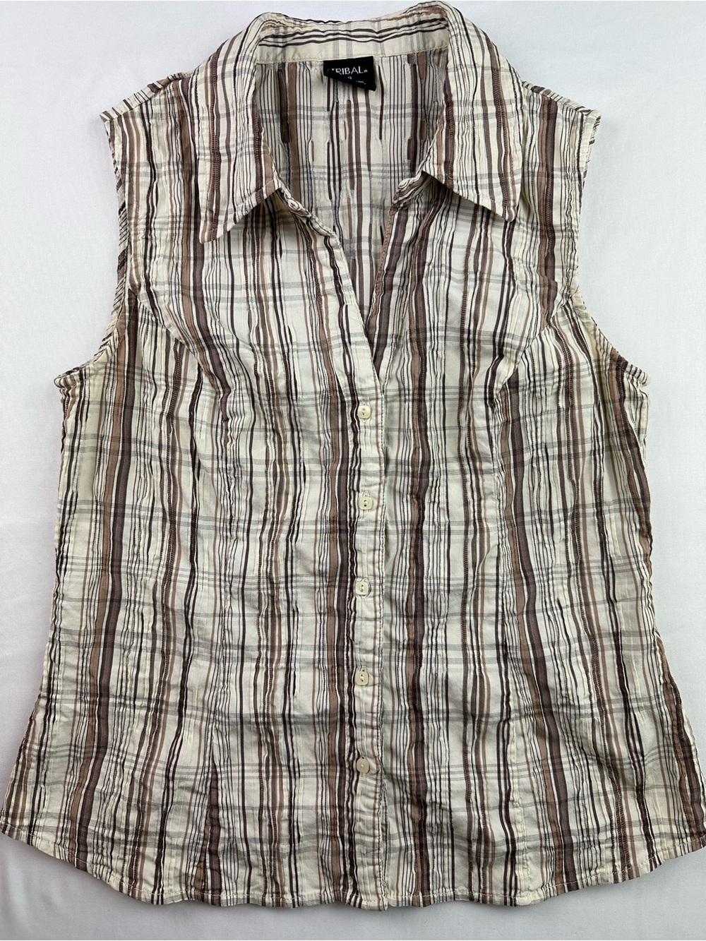 Tribal Plaid Sleeveless Button Down Crinkle Blouse Top Western Boho Cotton Vtg 8